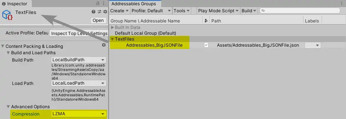 Addressables TextAsset: LZMA Group Compression